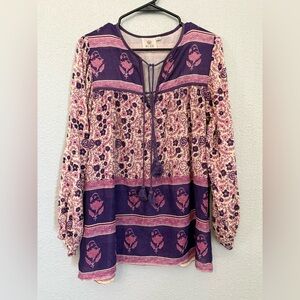 Blue Boheme Pushkar Cotton Floral Boho Blouse  One Size Tassels Blockprint